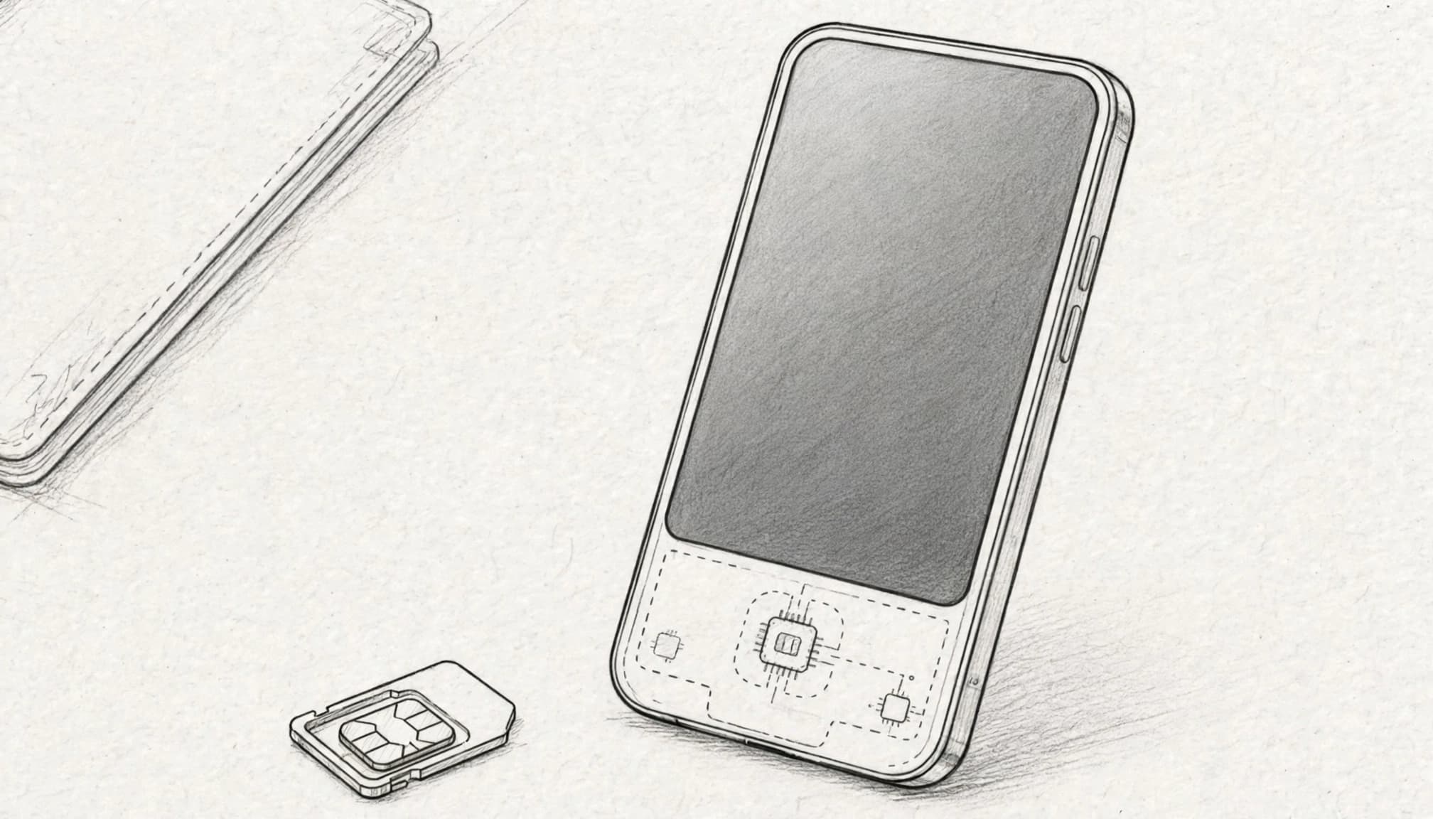 A sketched smartphone stands beside a small SIM tray, with a passport edge in the background.