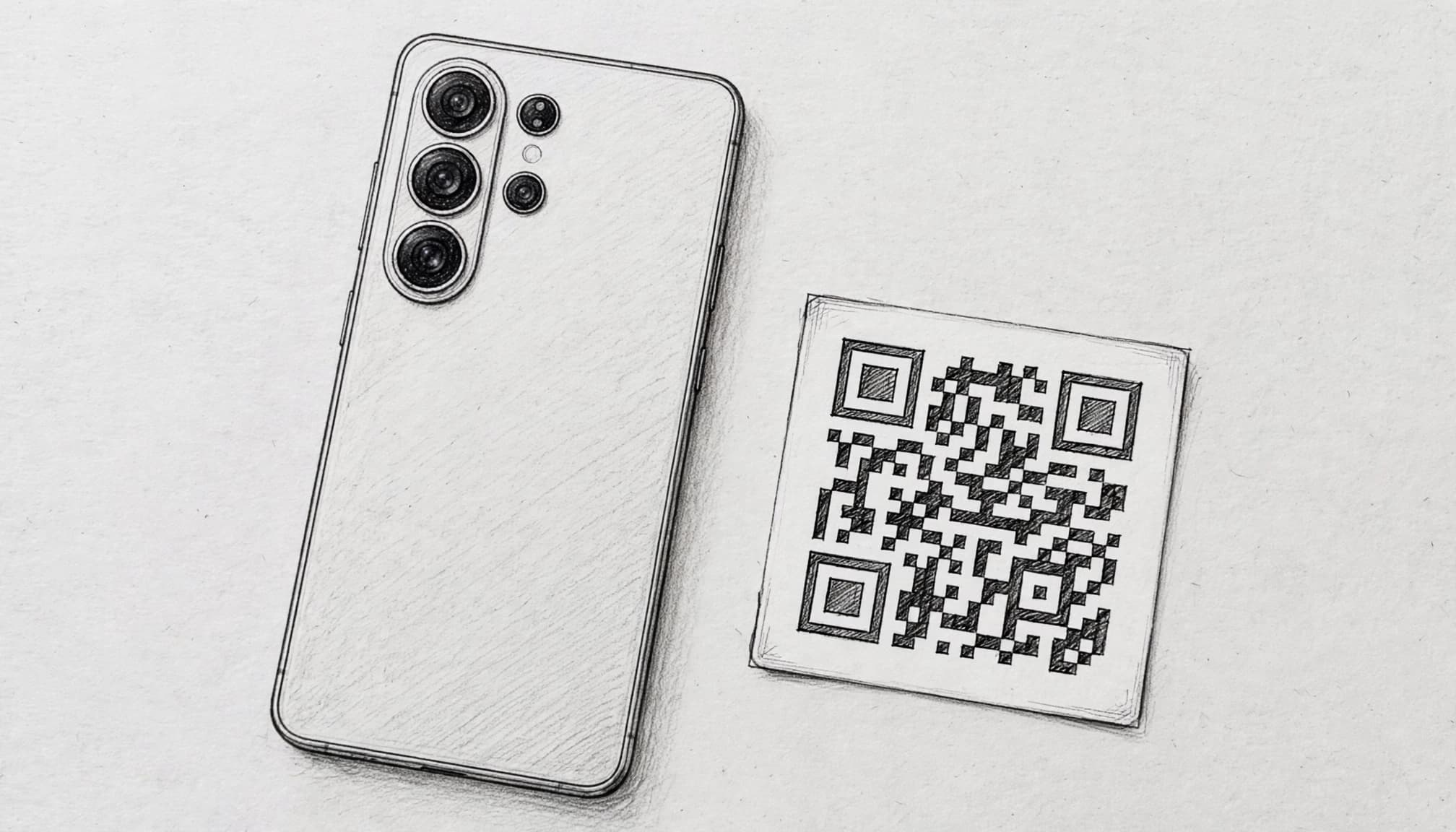A smartphone rests beside an abstract QR code card on a light surface.