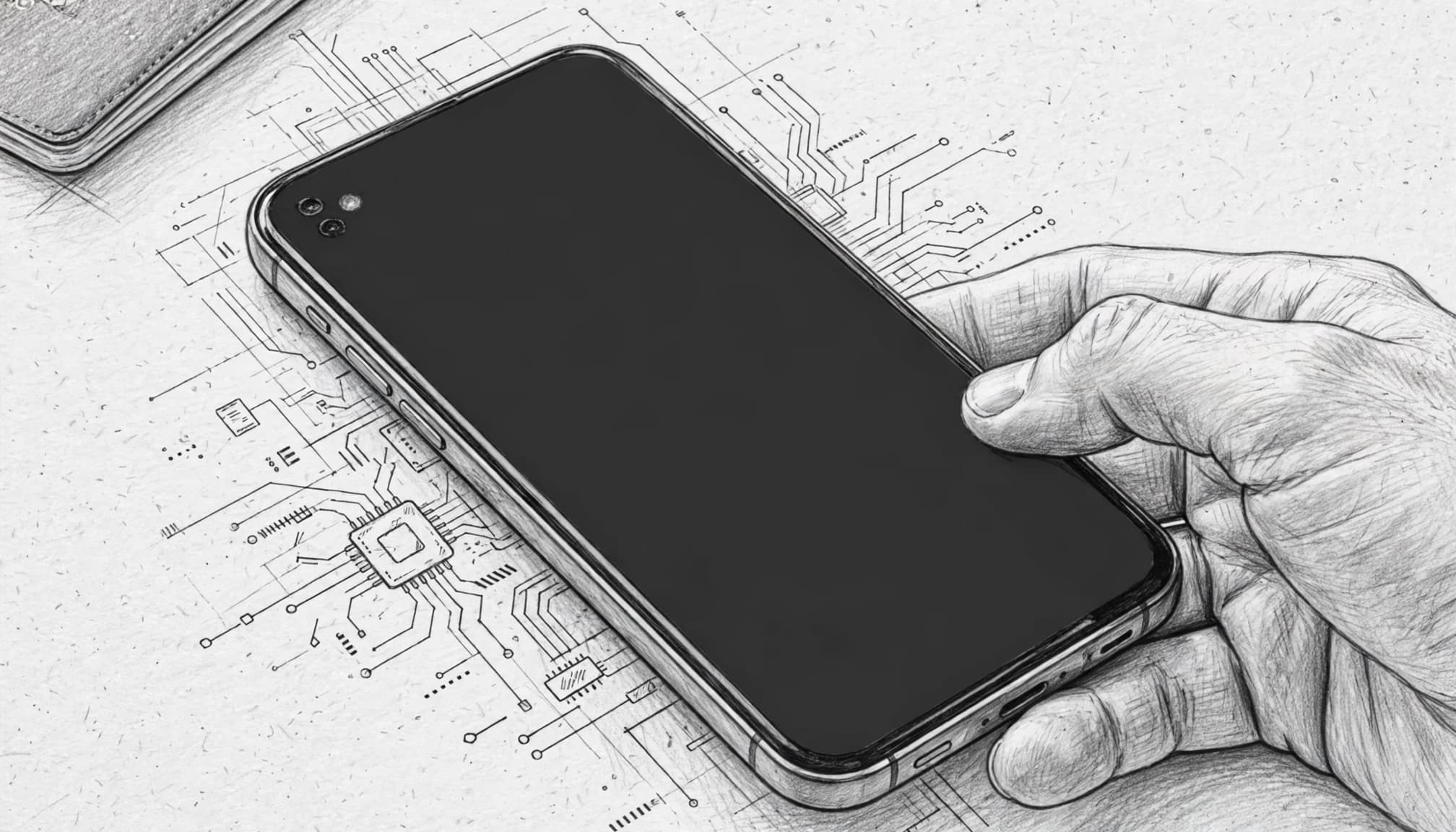 A sketched smartphone beside a traveler's hand, with a passport edge in the background.