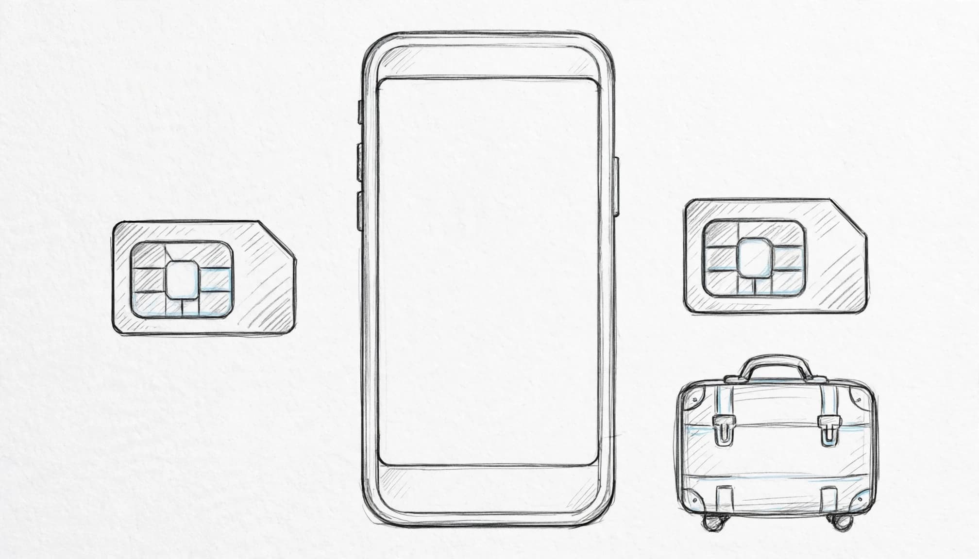 A smartphone sits beside two SIM symbols and a small suitcase.