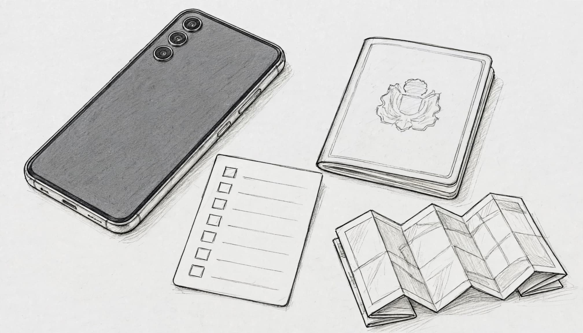 A smartphone sits beside a checklist card, passport, and folded map.