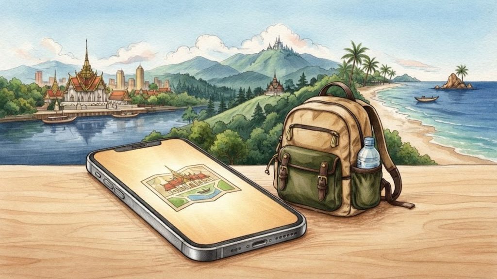 An unlocked phone and backpack sit before sketches of Bangkok, hills, and a Thai beach.