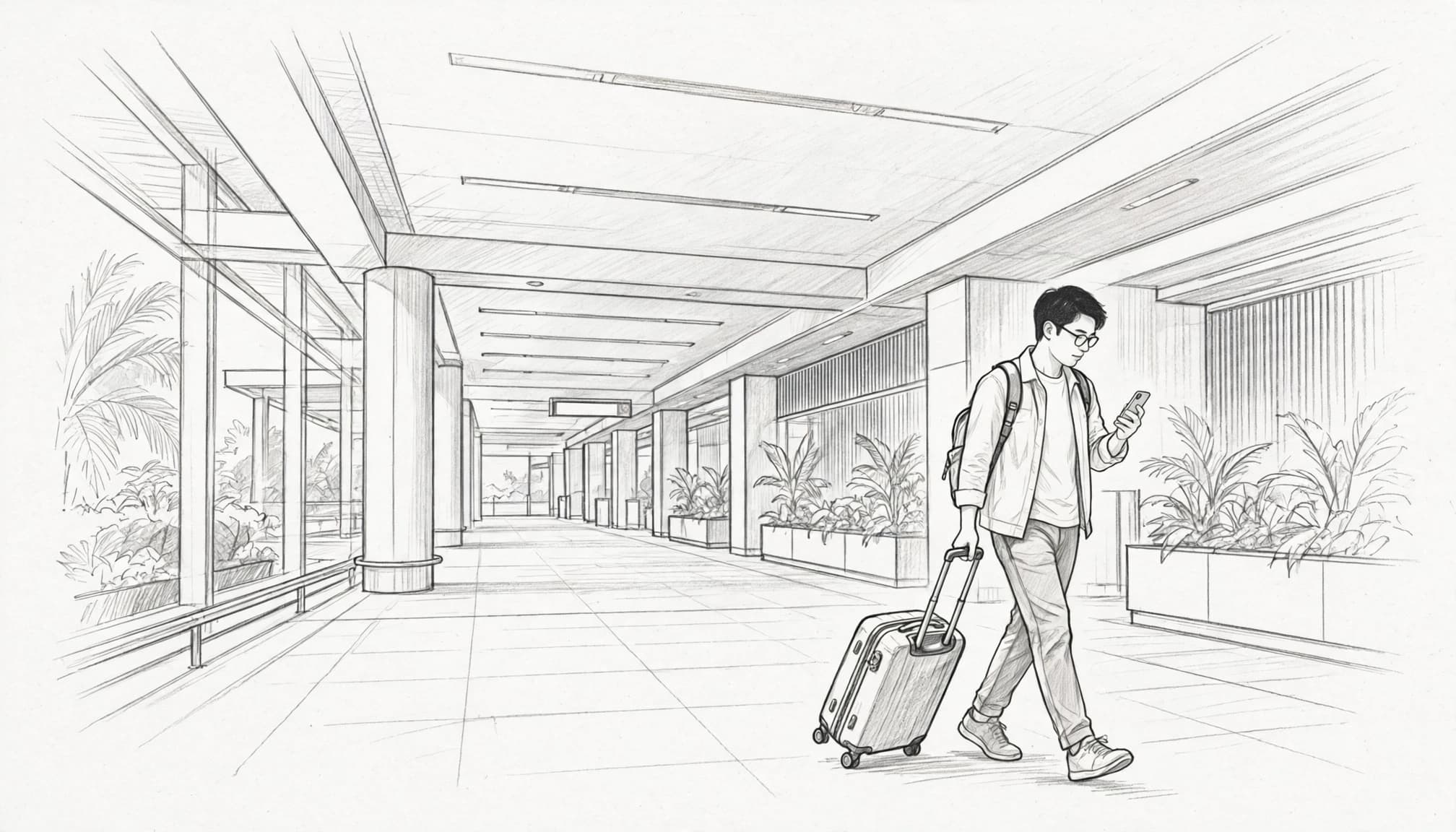 A traveler checks an iPhone while walking through an airport with a suitcase.