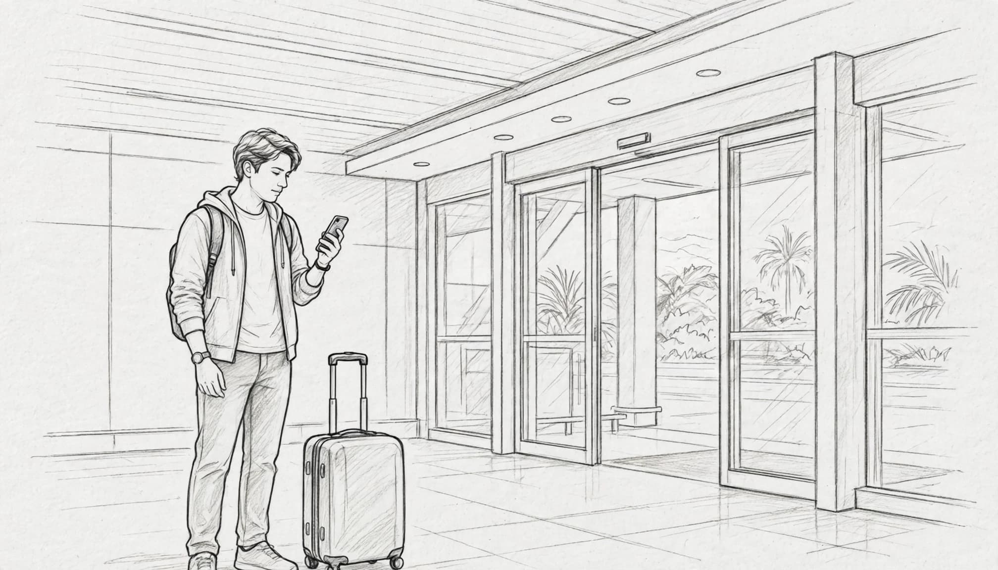 A traveler checks an iPhone beside luggage near a bright airport exit.