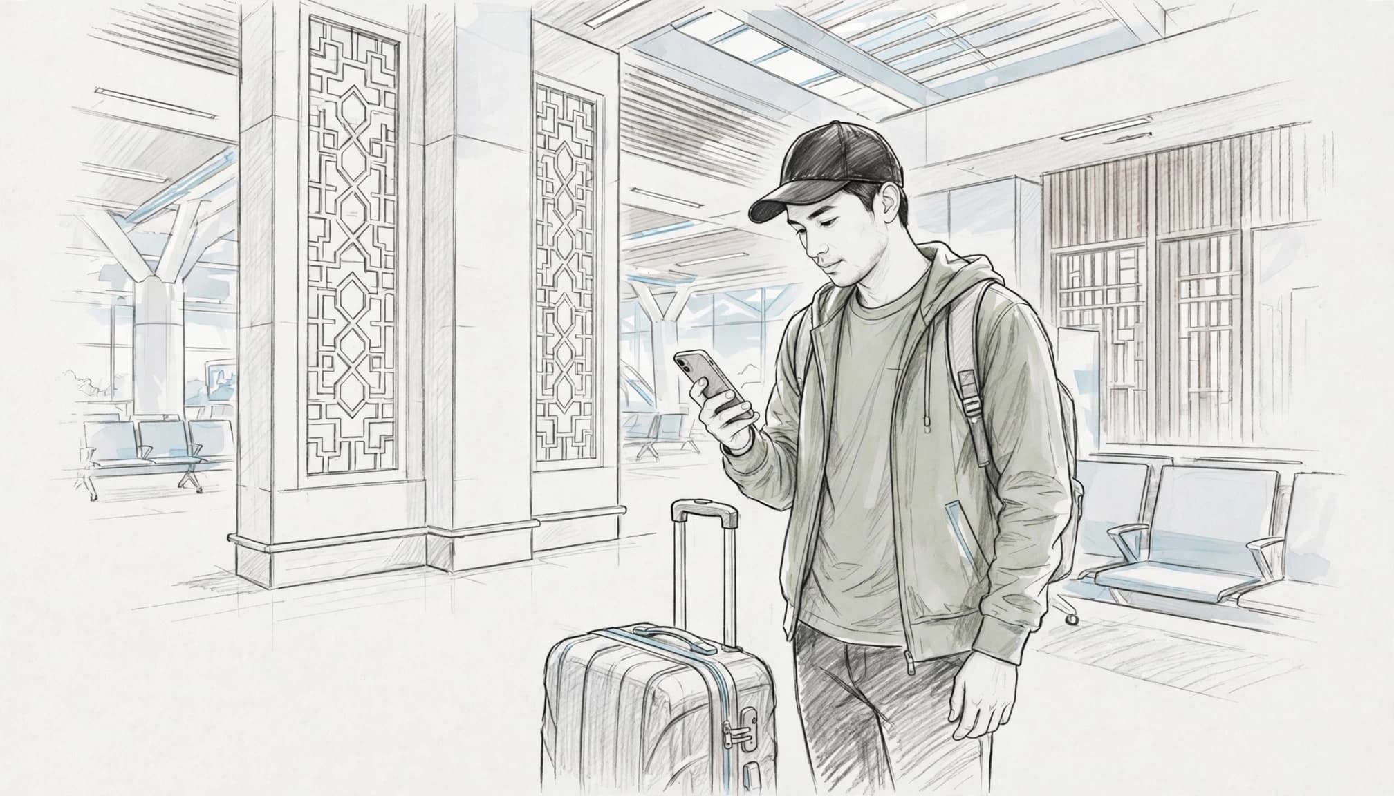 A traveler checks an iPhone beside luggage in a bright Thai airport.