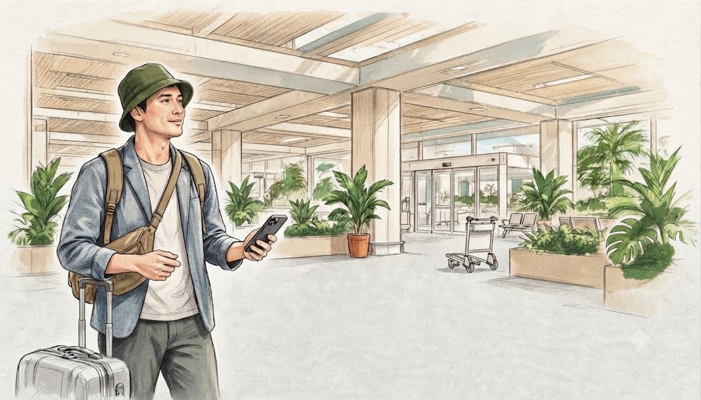 Traveler holding a phone with a travel eSIM in a Thai airport.