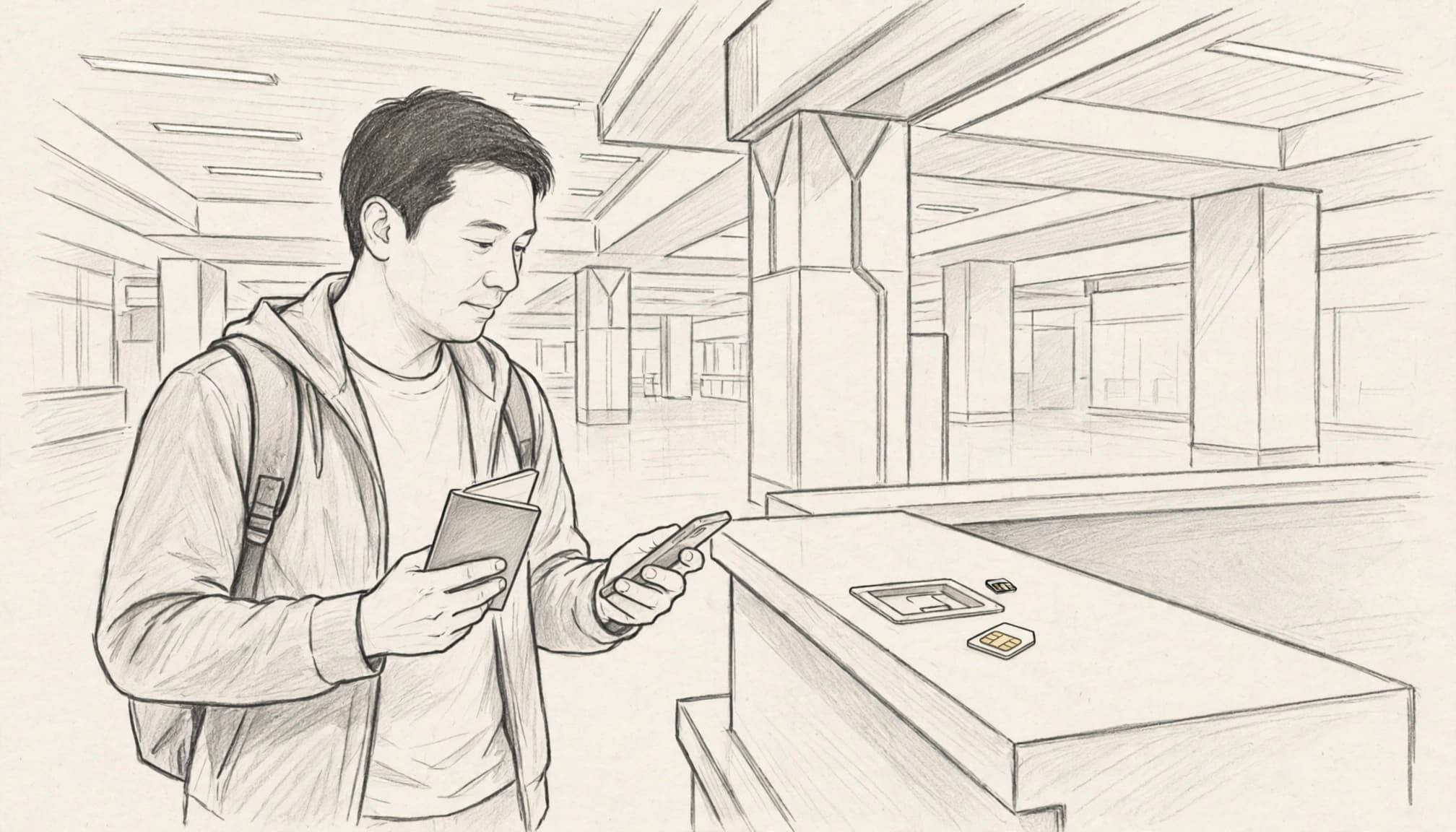 A traveler holds a passport and phone beside a SIM tray at an airport counter.