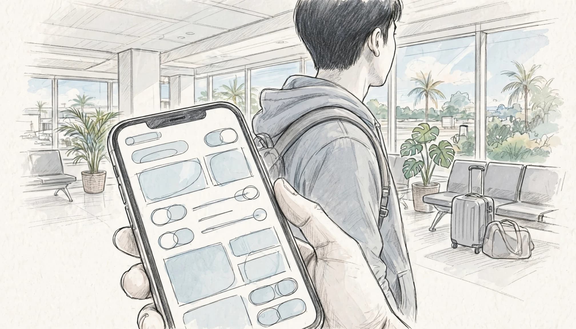 Traveler holding an iPhone with abstract cellular settings in a bright Thailand airport lounge.