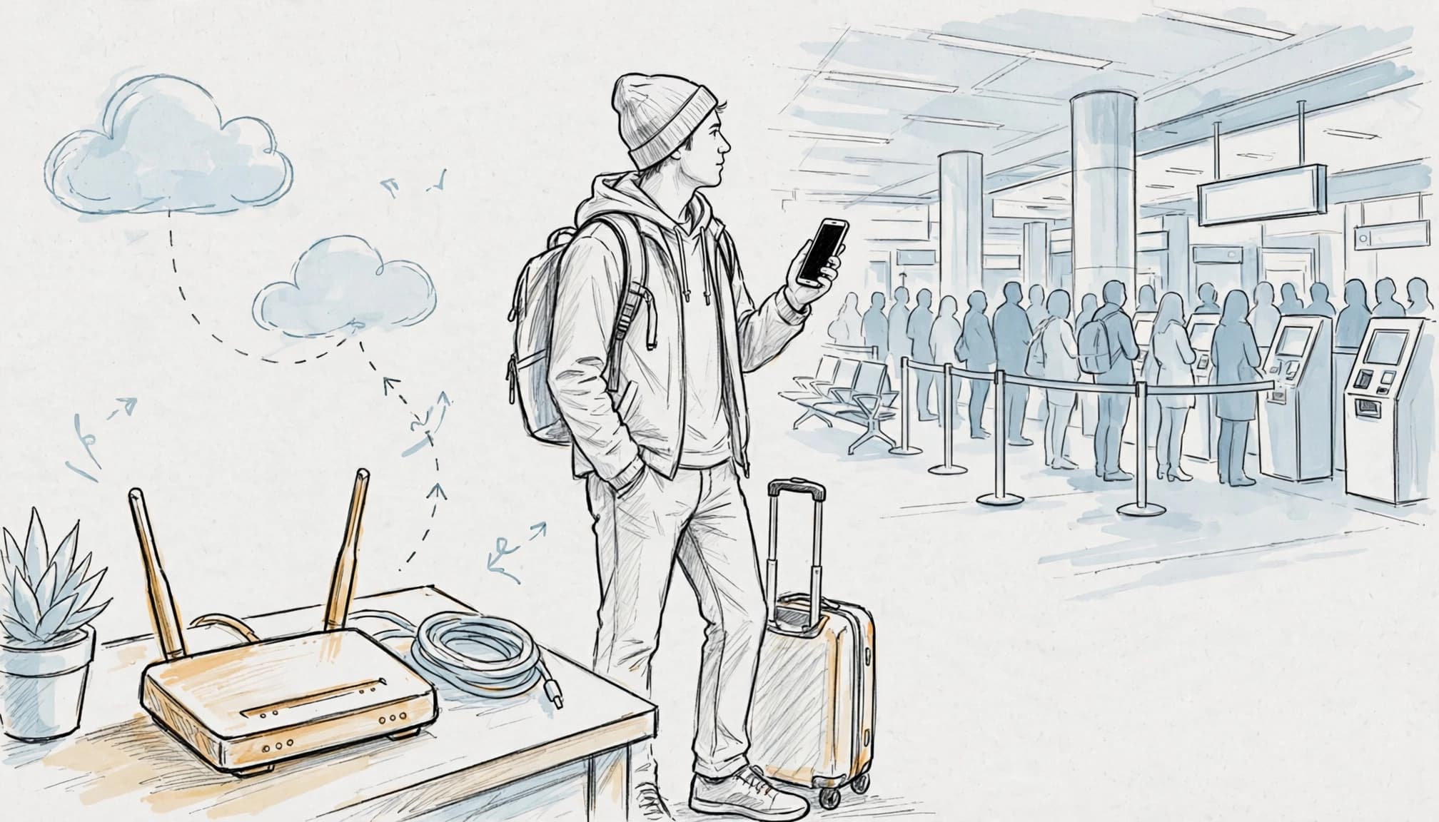 A traveler with a phone and suitcase stands near an airport arrivals area.
