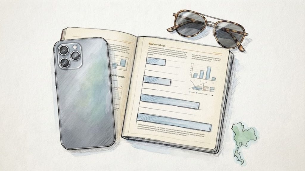 A smartphone and travel notebook with four data bars beside sunglasses and a Thailand map.