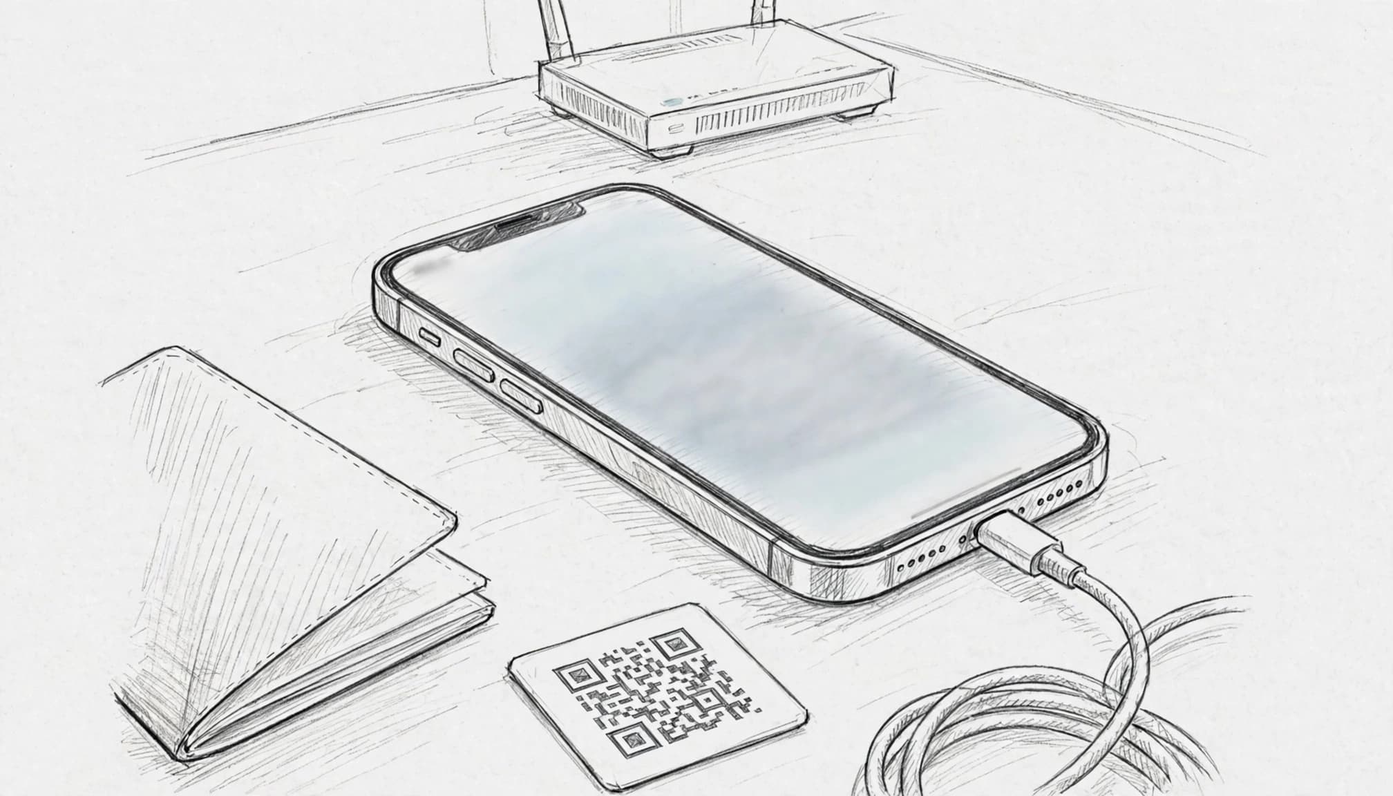 A smartphone, travel papers, QR card, and charging cable arranged on an entry table.