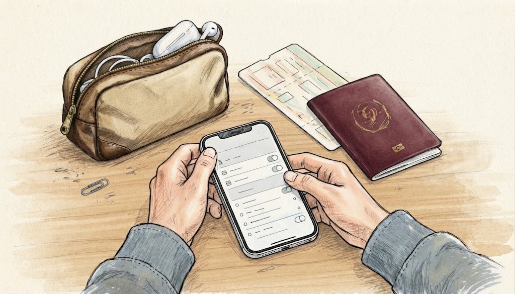 Traveler holding an iPhone beside a passport and boarding pass before a Thailand flight.