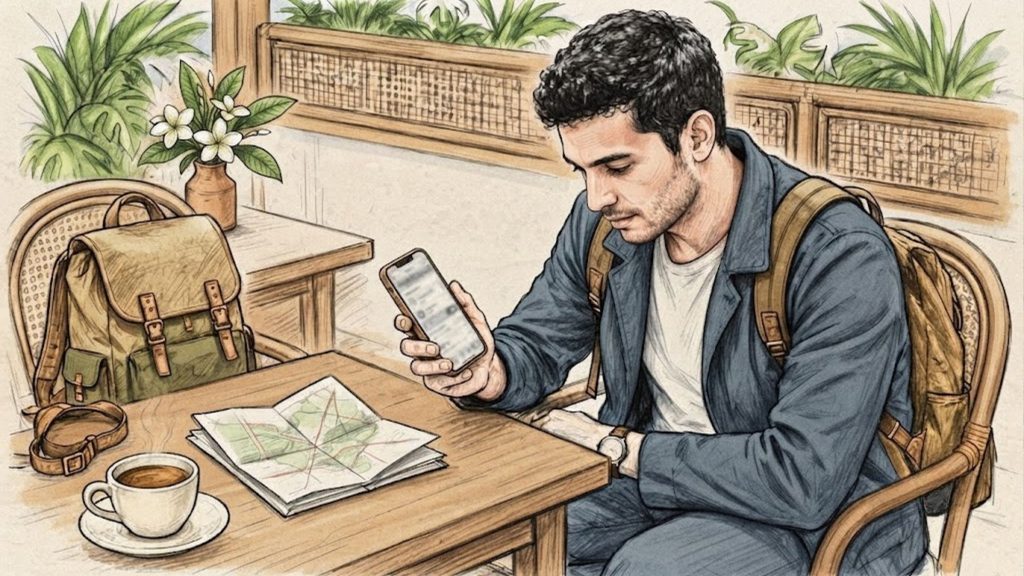 Traveler checks an iPhone beside a backpack, folded map, and coffee in a Thai cafe.