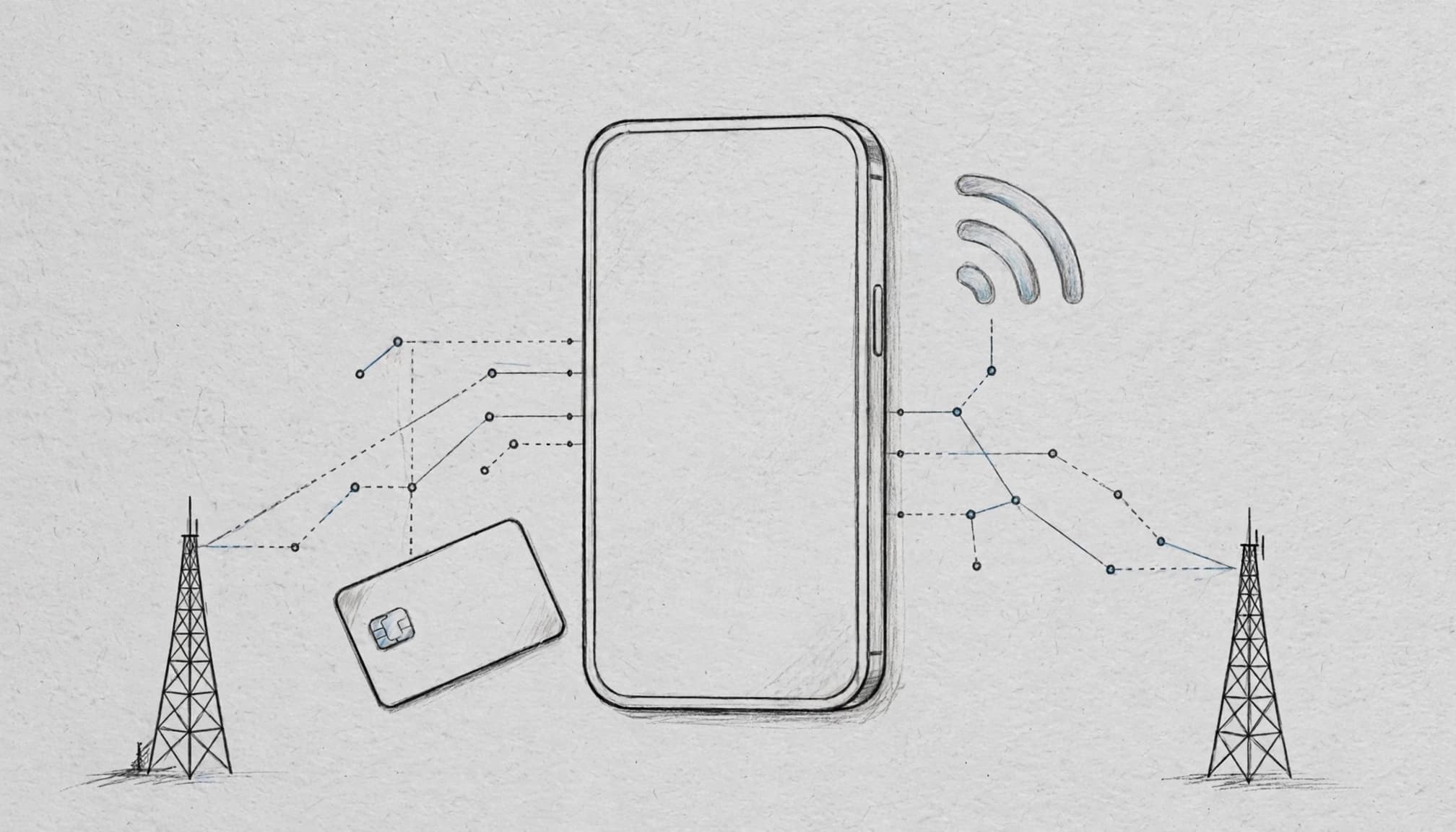 An unlocked smartphone beside a travel card connects to two signal towers.