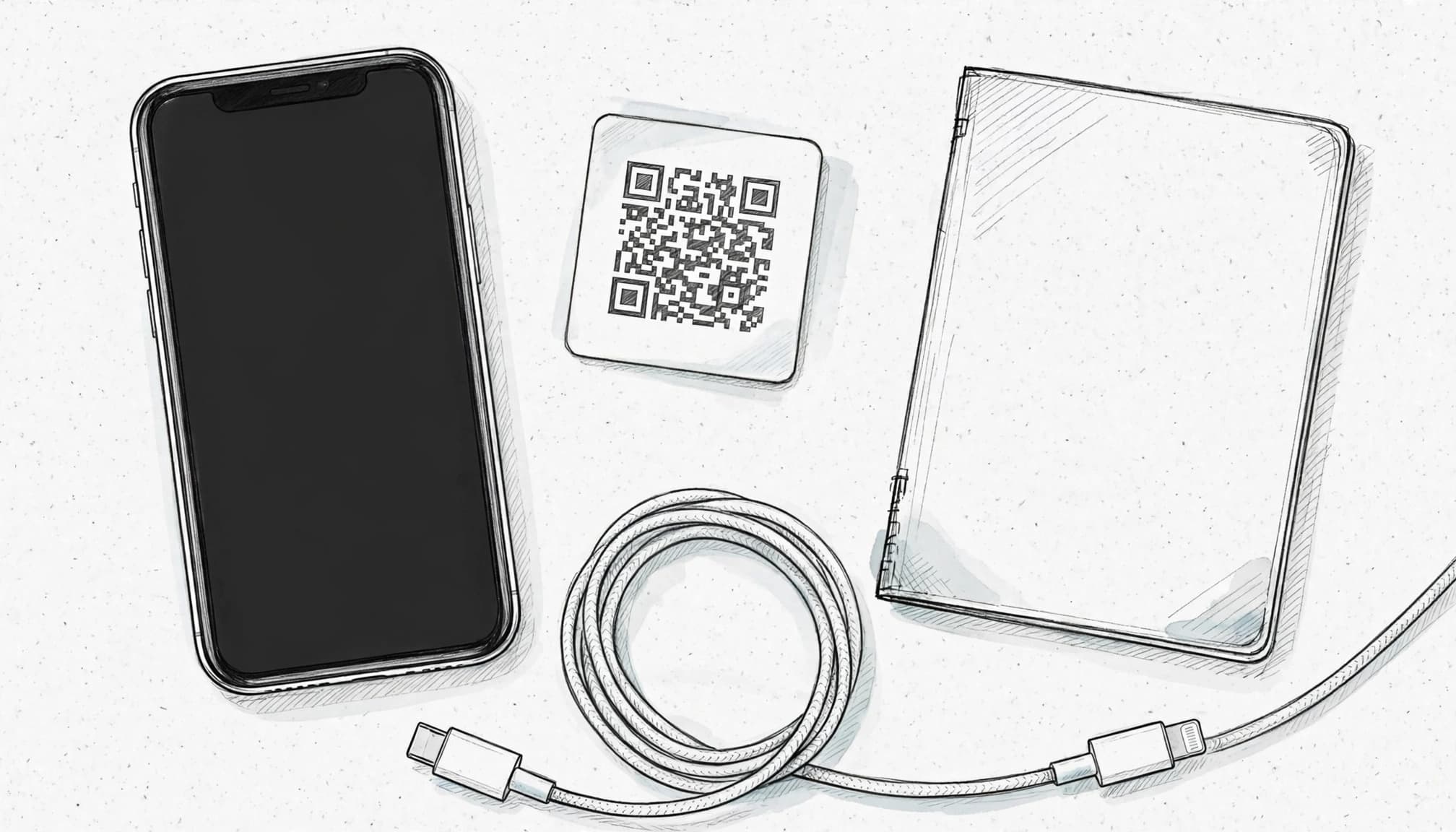 An iPhone beside an eSIM QR card, passport, and charging cable on a home table.