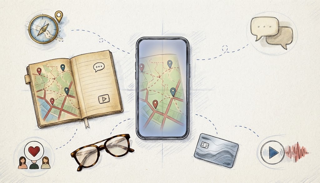 An iPhone beside a travel notebook, sunglasses, and transit card on a light desk.