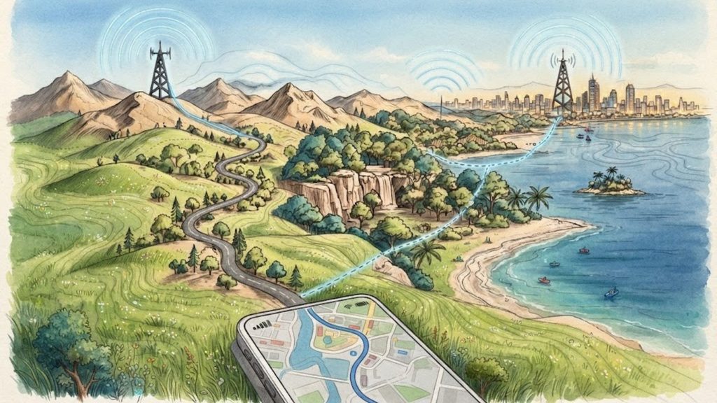 A phone overlooks a Thai road, hills, beach, park, and Bangkok skyline.