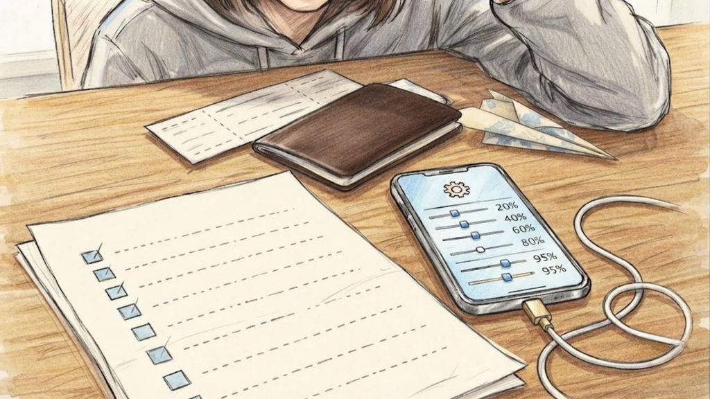 A traveler prepares a phone, passport, boarding pass, and cable at a tidy desk.