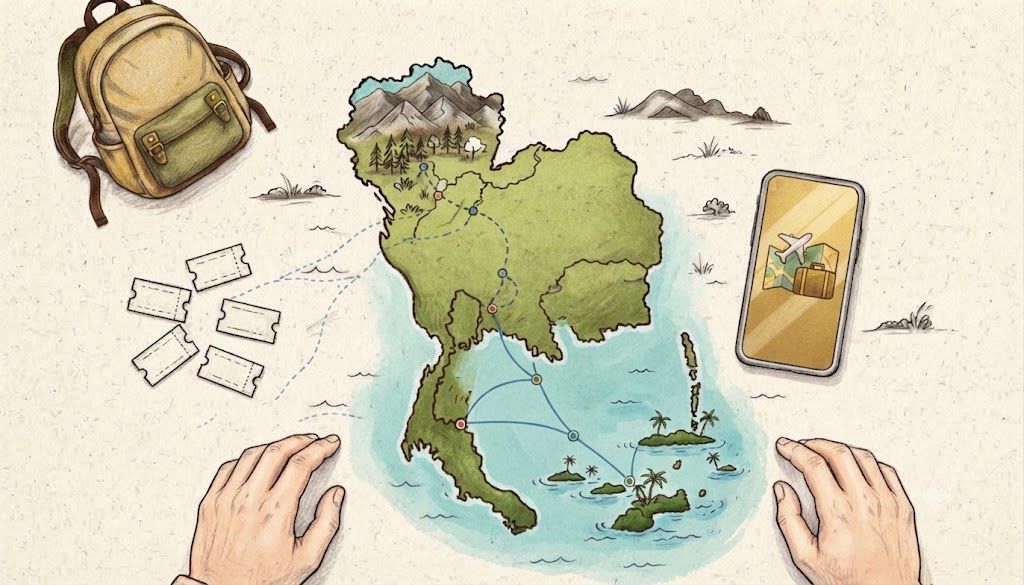 A smartphone and sketched Thailand route map sit beside a backpack and ferry tickets.