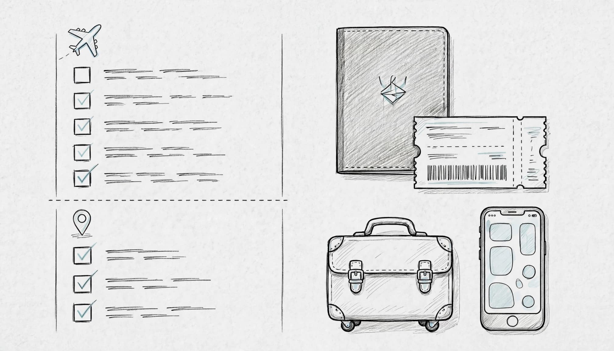 A phone, passport, ticket, and suitcase arranged as a Thailand travel checklist.