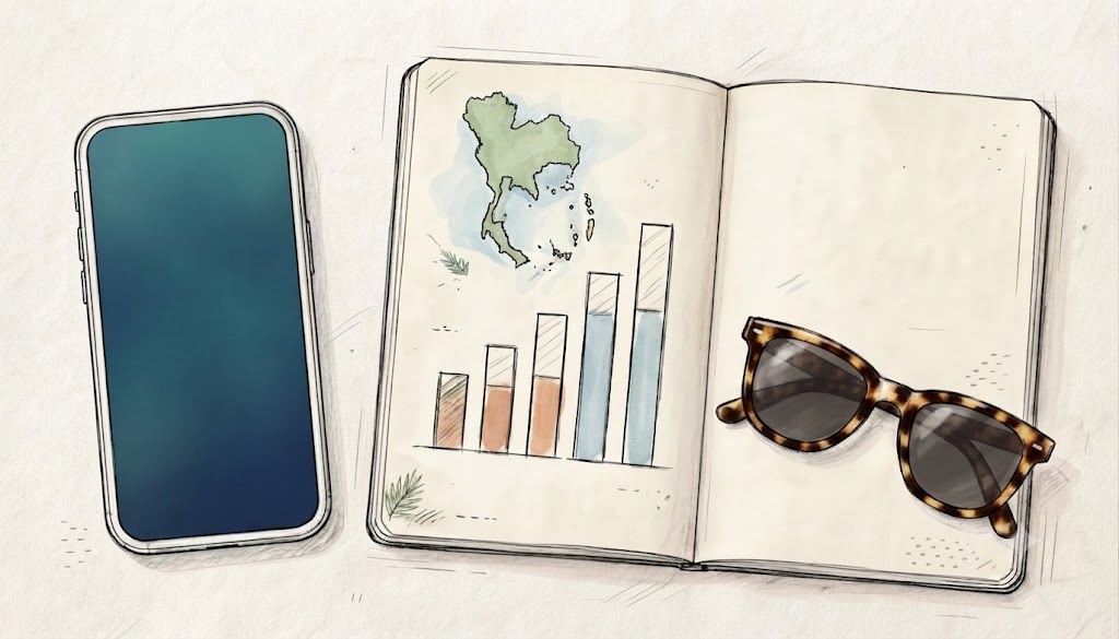 A phone and travel notebook with data bars, a beach map, and sunglasses.