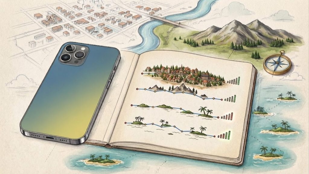 A phone and travel notebook with route marks beside sketches of Thailand landscapes.
