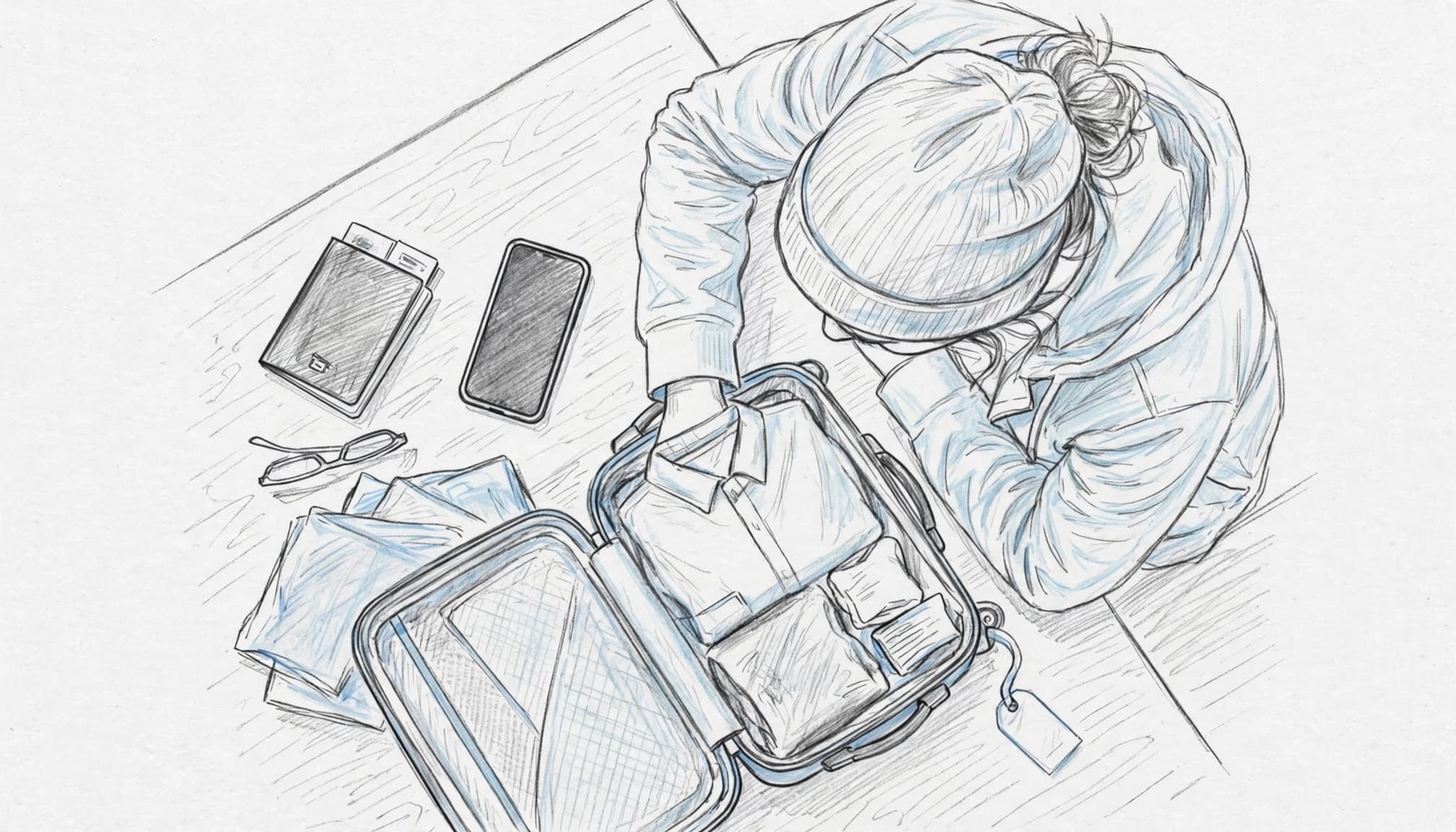 A traveler prepares a phone and suitcase beside a passport in a bright entryway.