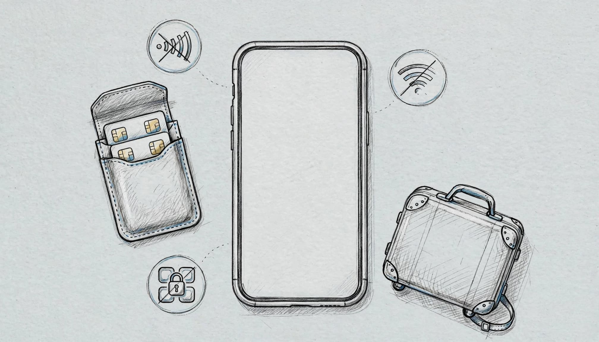 An iPhone beside an eSIM holder and suitcase with three travel connectivity warning symbols.