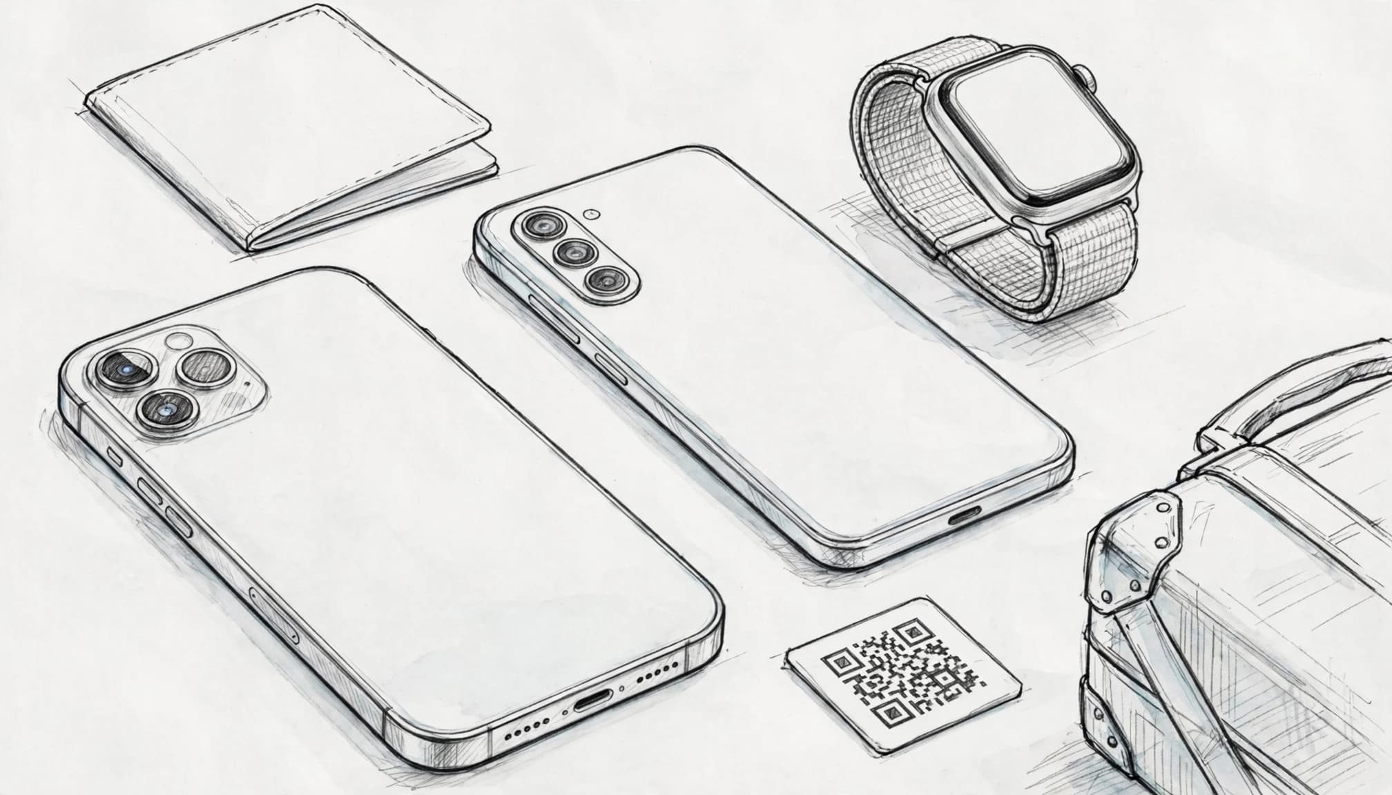 Three travel devices sit beside a passport, QR card, and small suitcase corner.