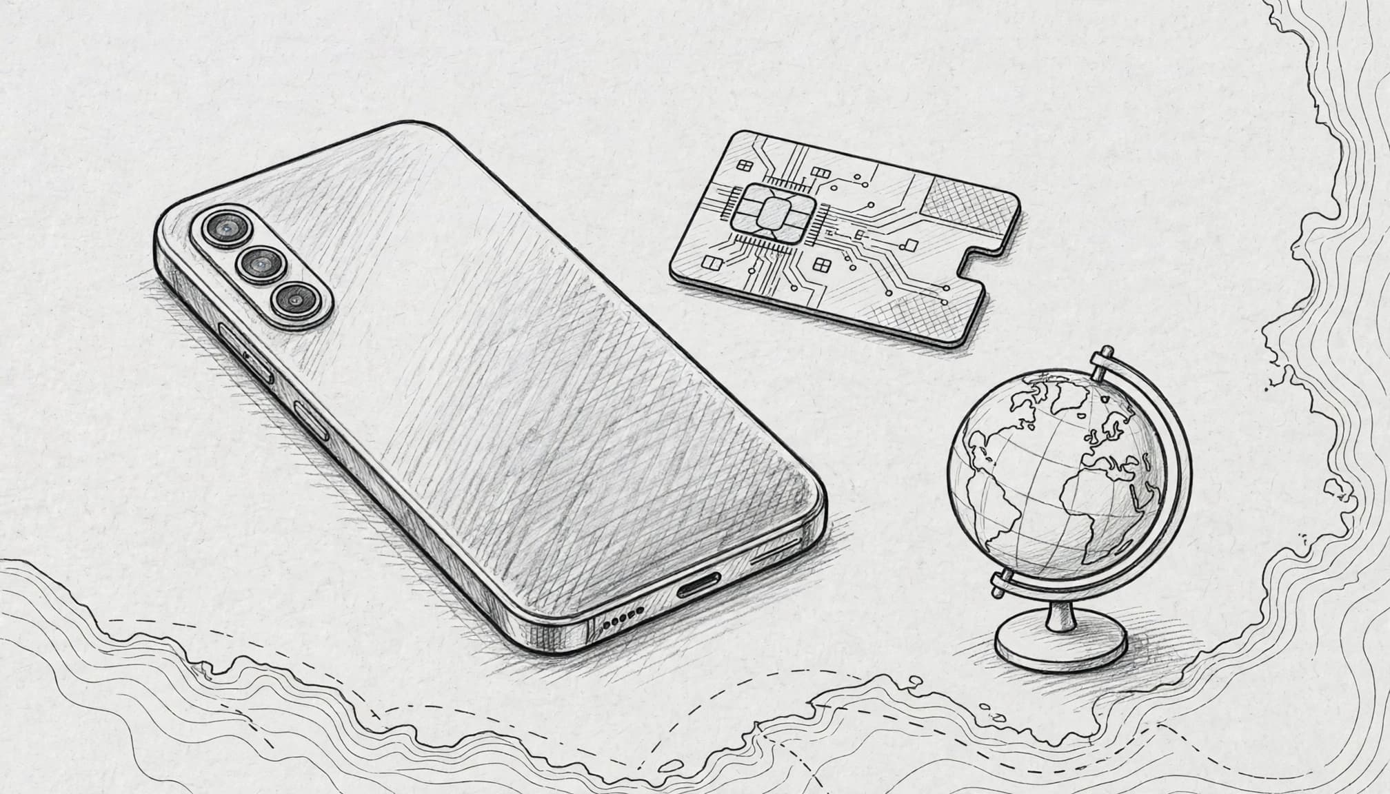 A smartphone, travel eSIM card, and small globe arranged on a tabletop.