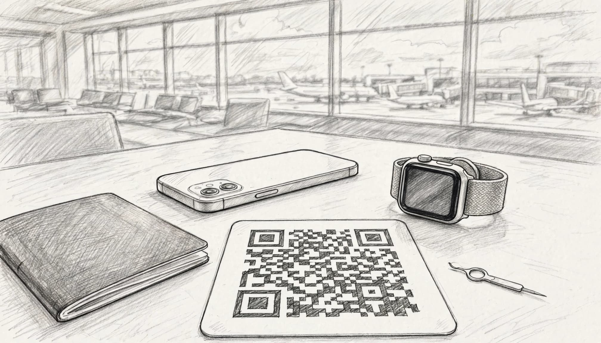 A smartphone and smartwatch sit beside a QR code card, SIM tool, and passport.