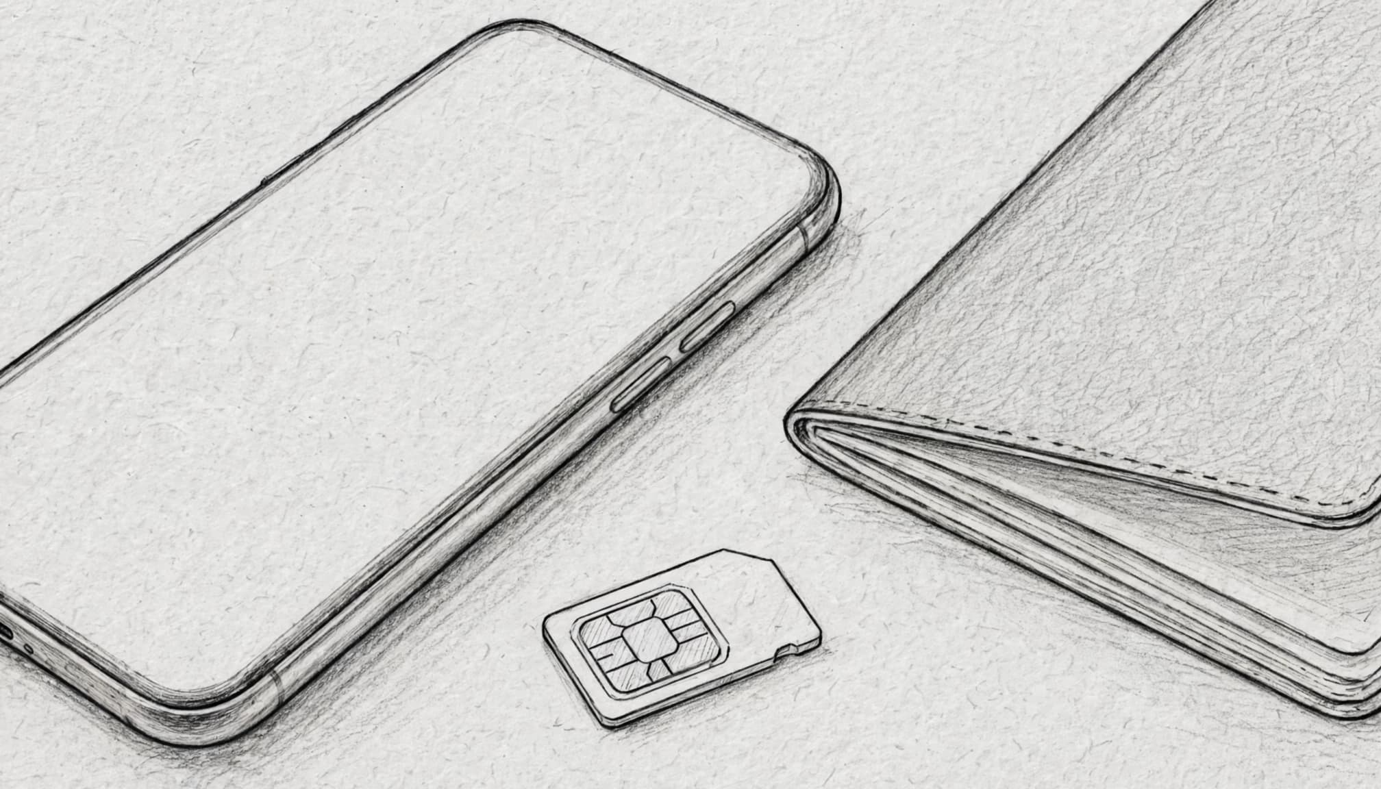 A graphite sketch of a phone beside a travel SIM card and passport corner.