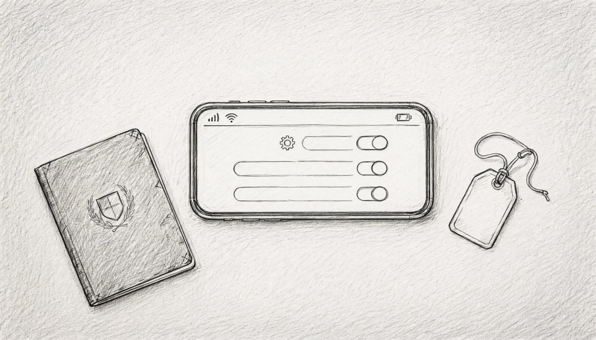 A phone, passport, and suitcase tag sit on a light tabletop.