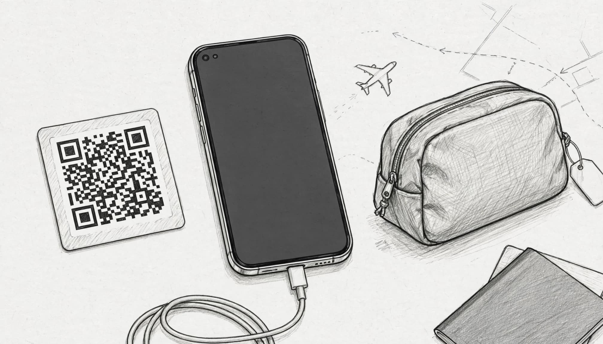 A smartphone beside an eSIM QR card, travel bag, cable, and passport.