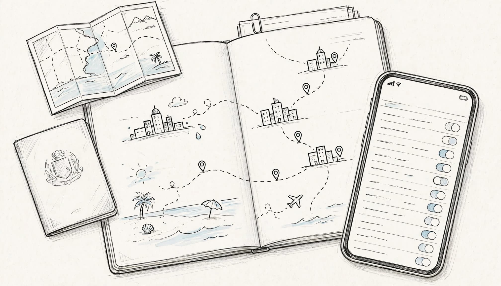 A notebook, iPhone, map, and passport show different travel plans on a clean table.