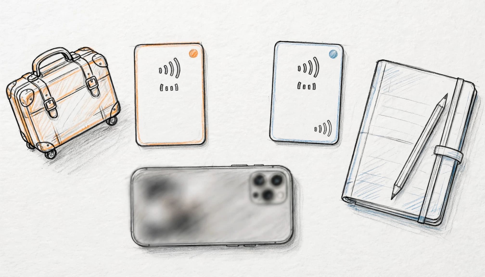 A smartphone beside two signal cards, a suitcase, and a notebook.