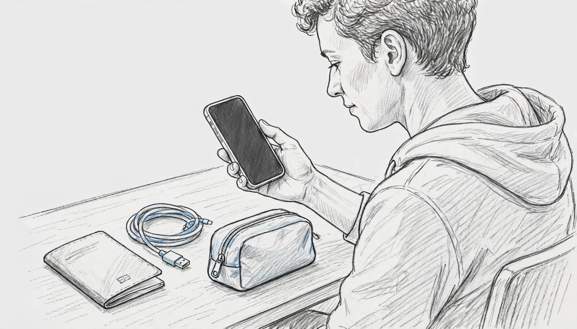 Traveler checks a phone beside a passport and travel pouch at a tidy desk.