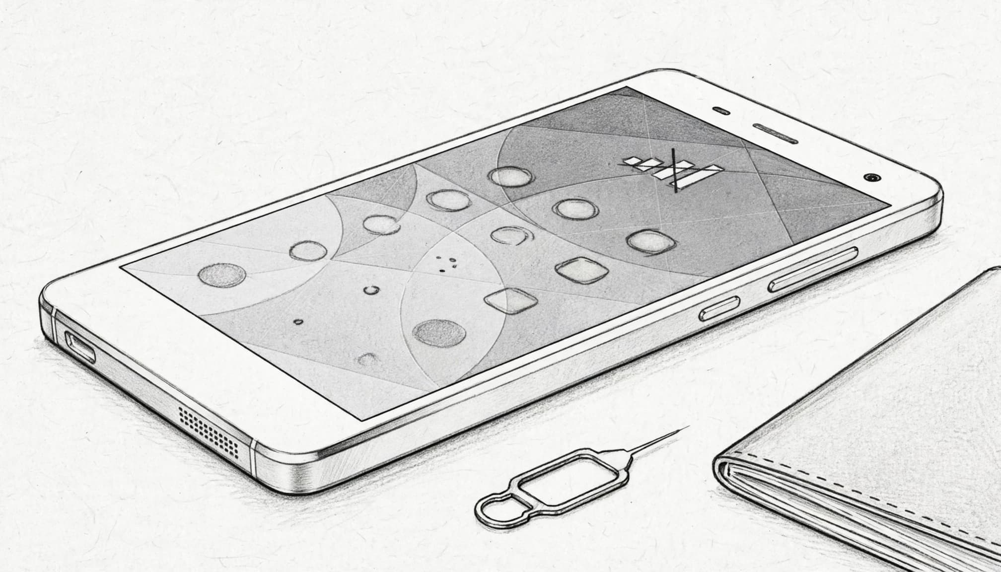 A sketched smartphone, passport, and SIM tray tool arranged on a pale tabletop.