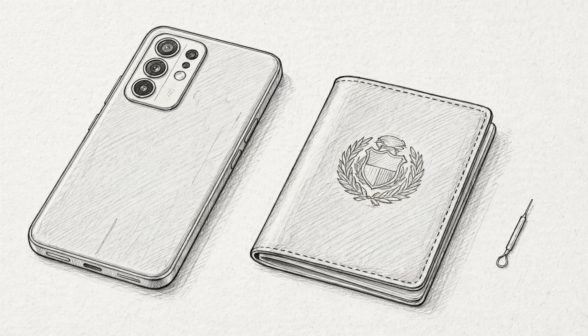 A smartphone, passport, and small SIM tool arranged on a light tabletop.